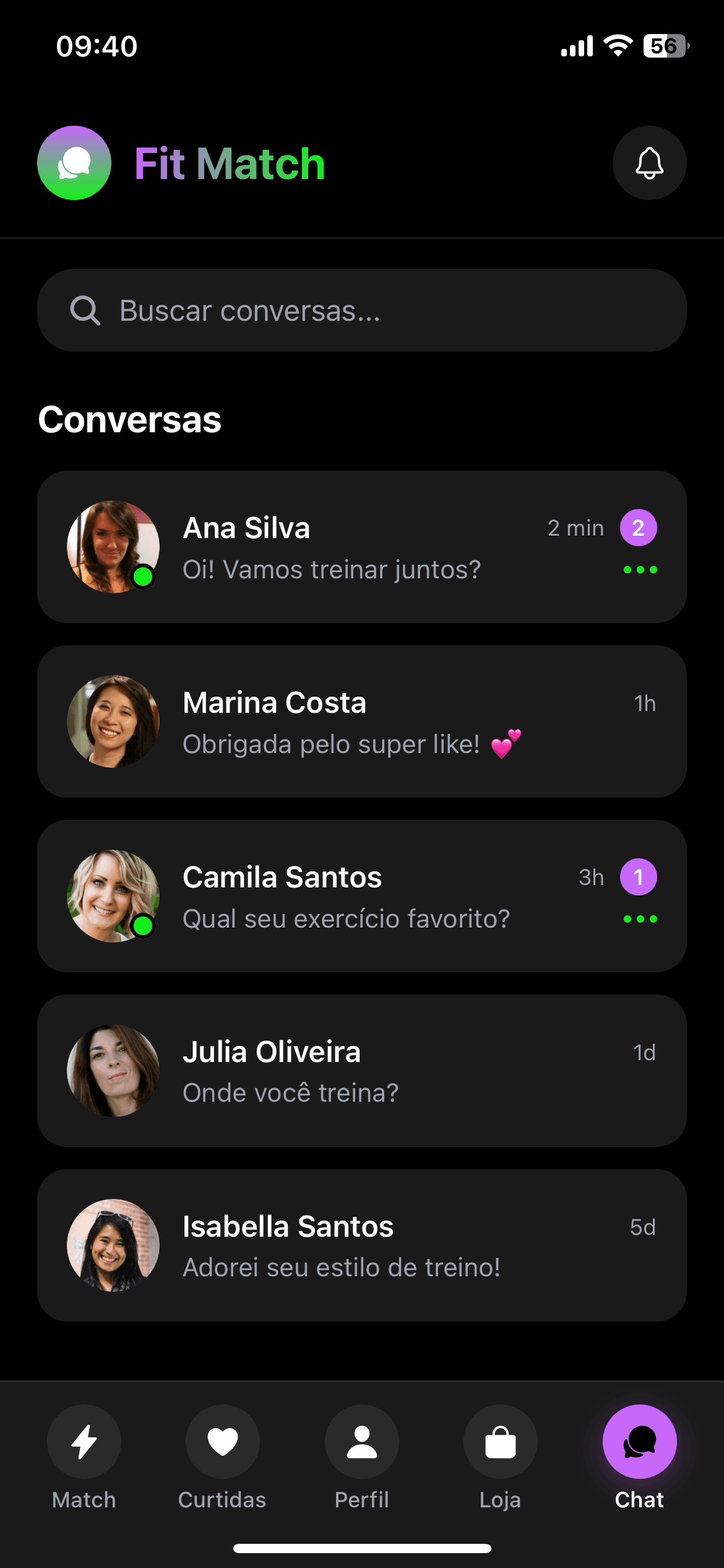 Tela de conversas do app Fit Match